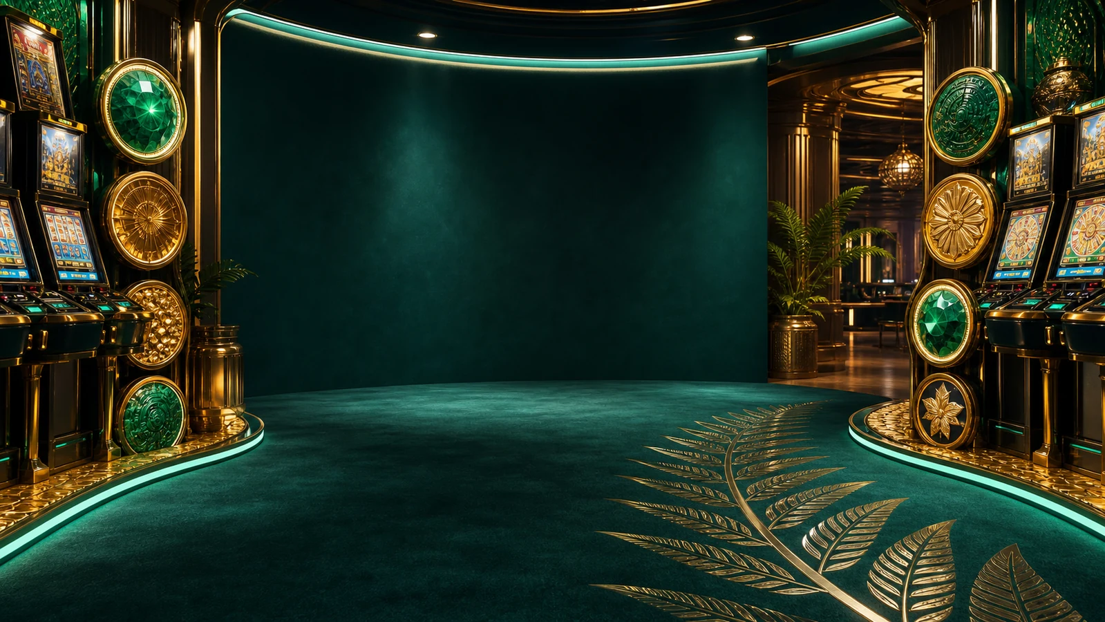 Teal and gold casino lobby with illuminated game cabinets